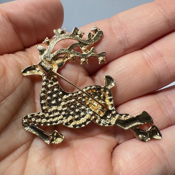 Gold Tone Teal Rhinestone Reindeer Brooch • Holiday Christmas Pin • Sparkly Runn - Picture 3 of 5